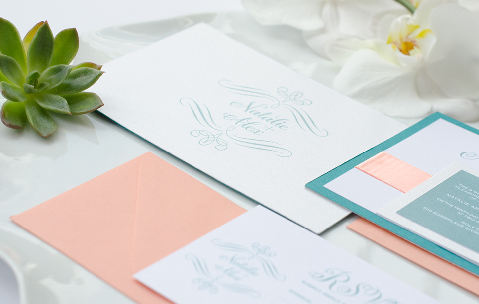 Blissful coral, teal, and gold wedding invitation suite