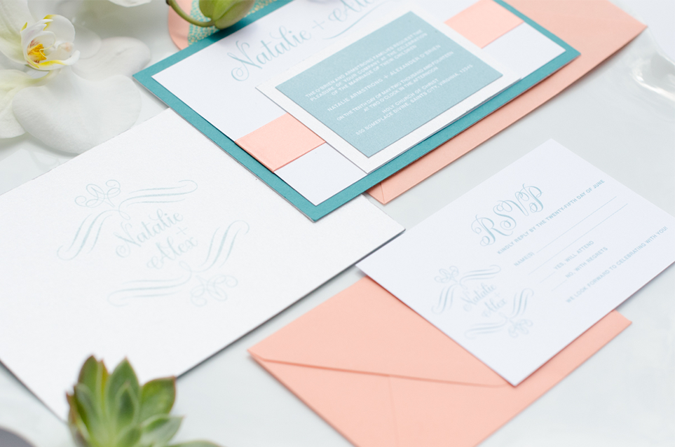 Blissful coral, teal, and gold wedding invitation suite