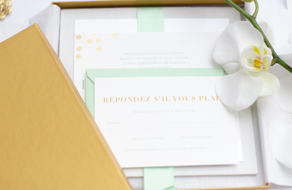Boxed mint white gold foil luxury wedding invitation