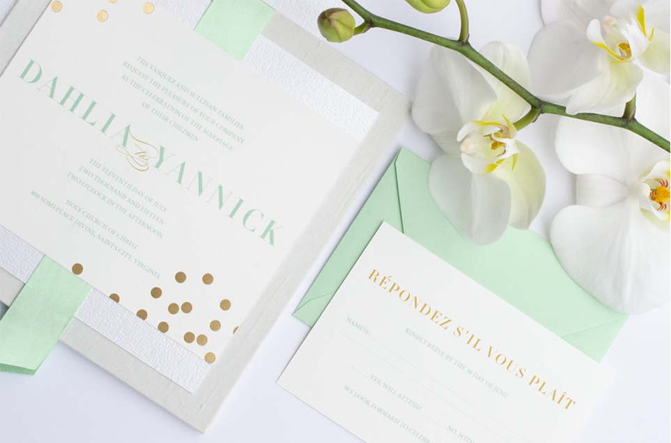 Boxed mint white gold foil luxury wedding invitation